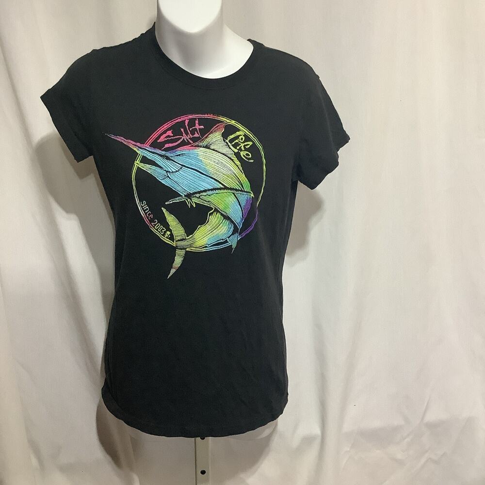 Salt Life Graphic T Shirt Medium Black Rainbow Neon Marlin Fishing Short Sleeve